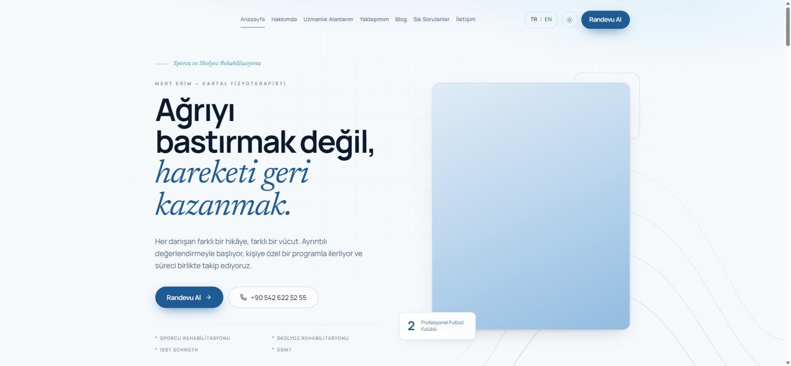 Mert Erim Fizyoterapi web sitesinin ana sayfa görünümü