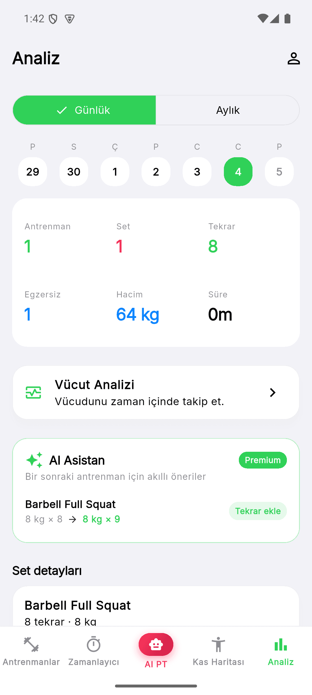 Kas Hafızam progress screen with charts of weight and volume over time
