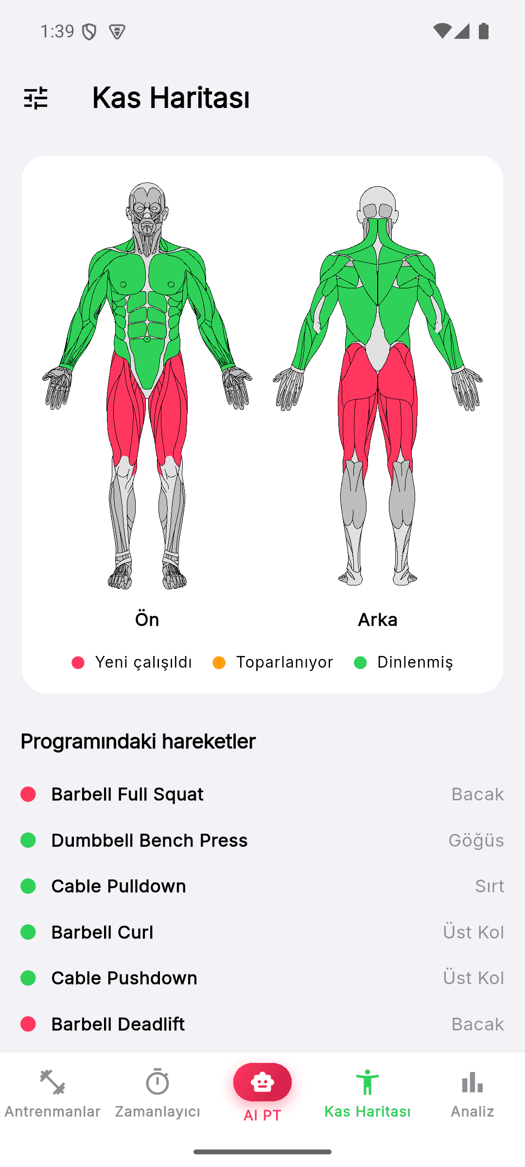 Kas Hafızam muscle map screen showing an anatomical view of the muscle groups worked