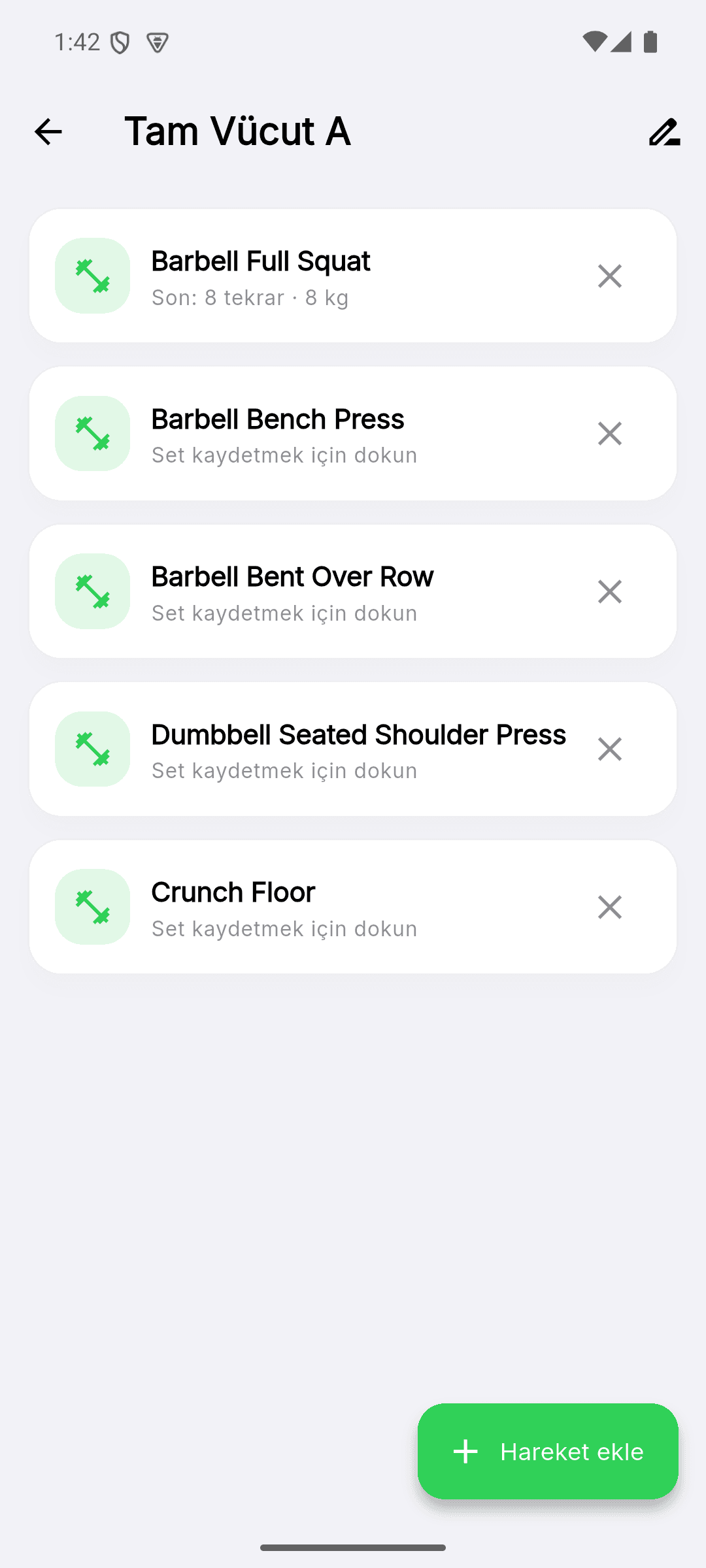 Kas Hafızam workout screen with an exercise list and set logging fields