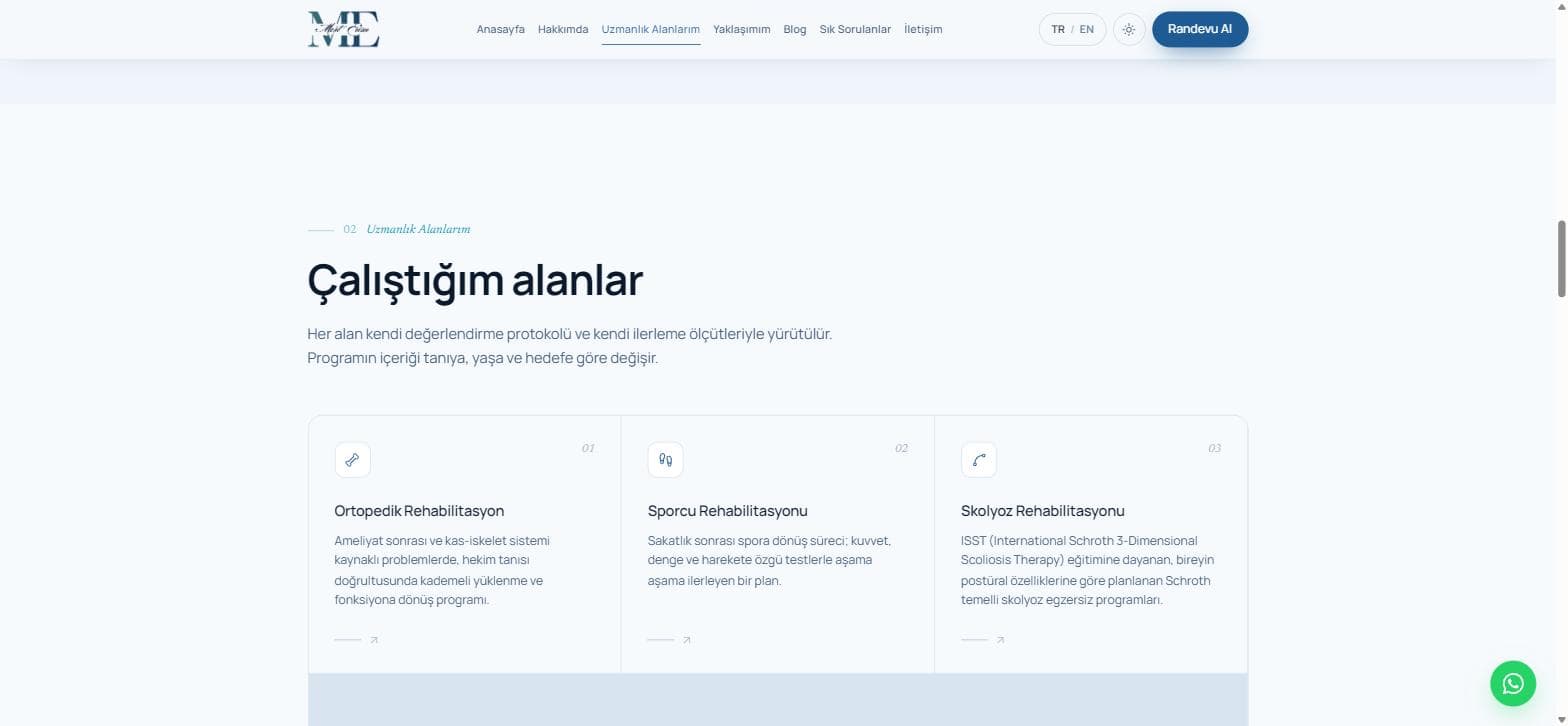 Uzmanlık alanları bölümü: her uzmanlığın kendi kartında anlatıldığı düzen