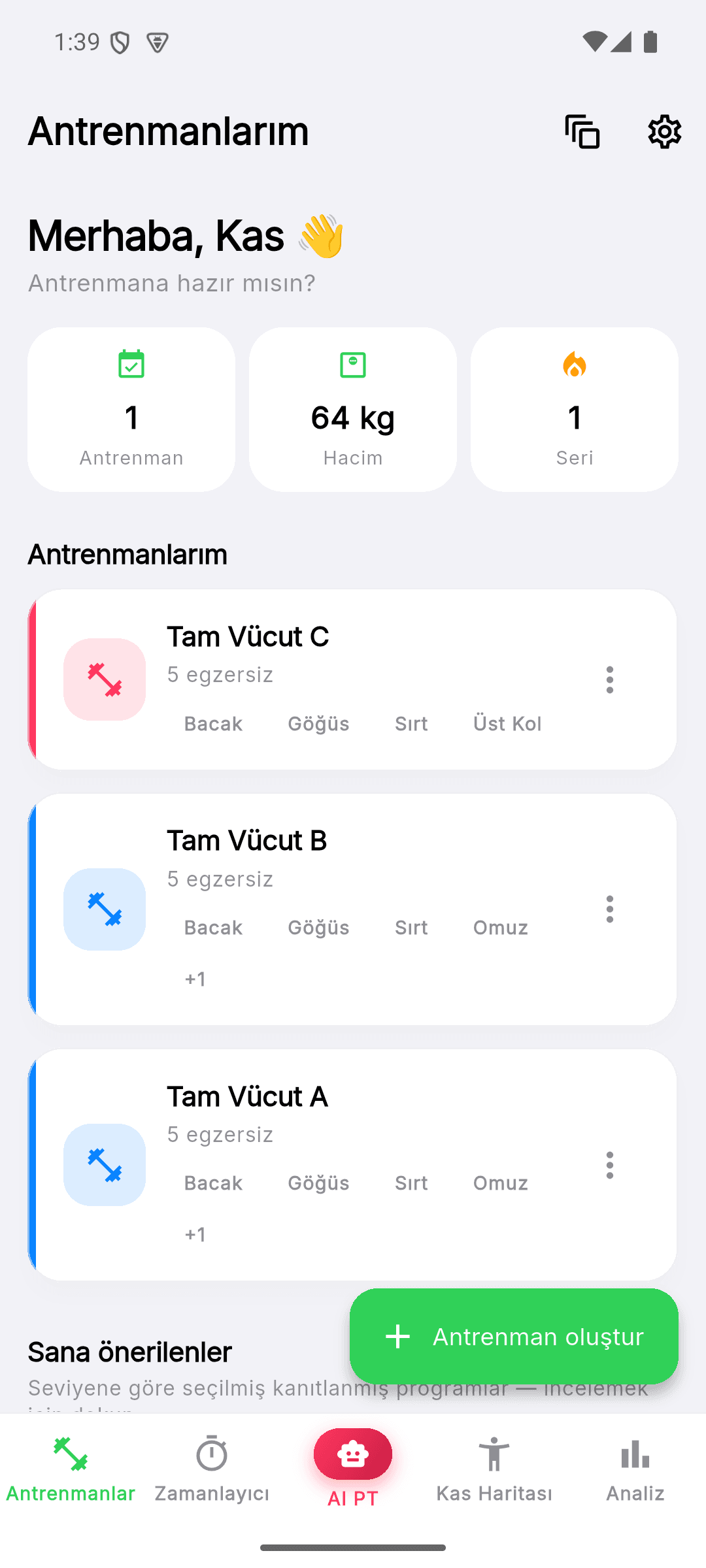 Kas Hafızam home screen showing the day's training summary and weekly progress