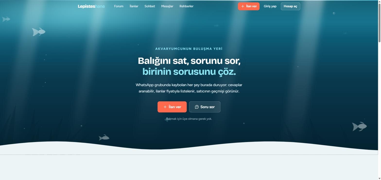 Lepisteshane home page with an underwater scene and the headline 'Sell your fish, ask your question'