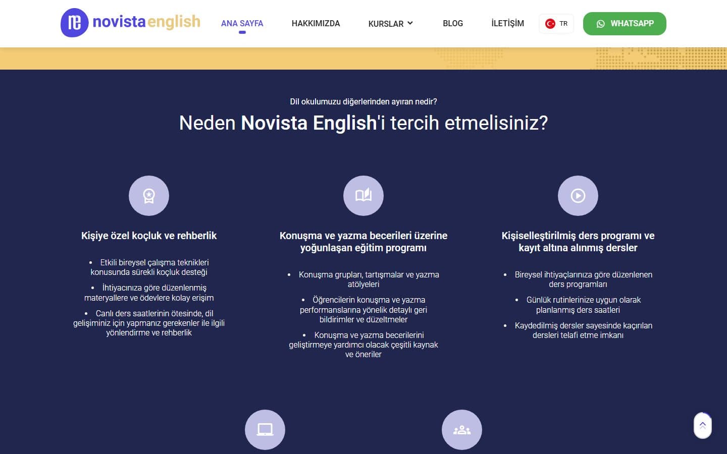 Novista English ana sayfası: okulu ayıran üç özelliğin ikonlarla anlatıldığı bölüm