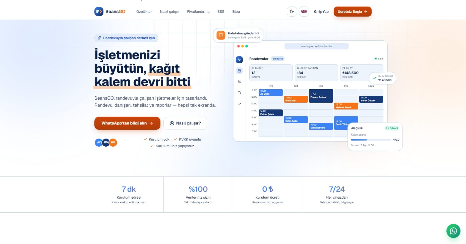 SeansGO marketing page showing an appointment calendar and monthly revenue summary